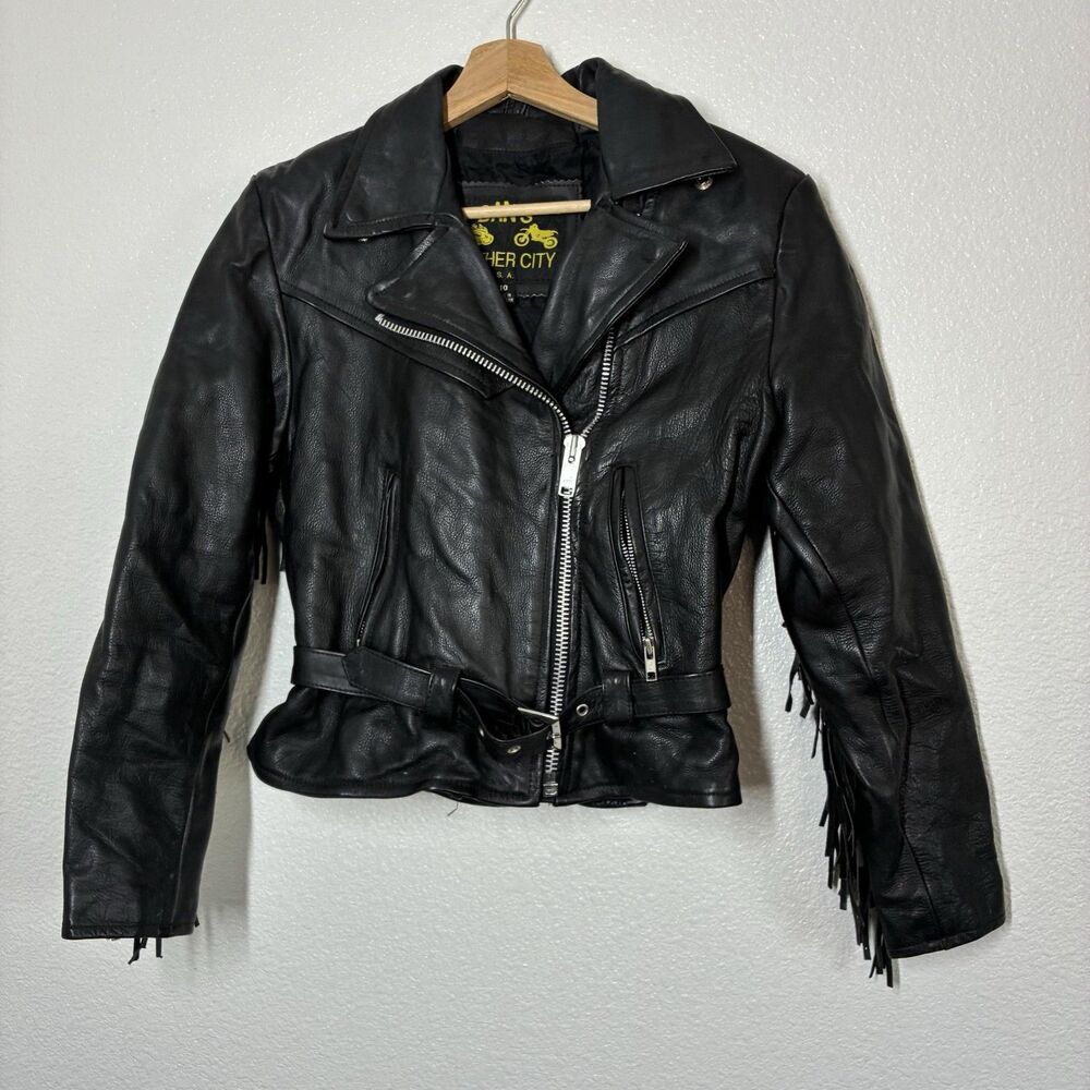 Fringe Jacket Dan's Leather City Womens 10 Black Motorcycle Belted Western Biker